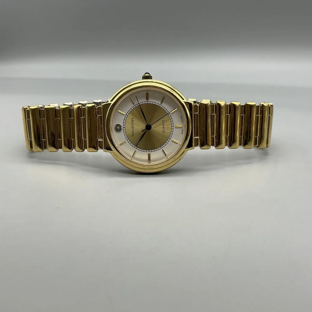 Vintage Halston Womens Watch 32mm Gold Tone White Dial Bracelet New Battery 8.5